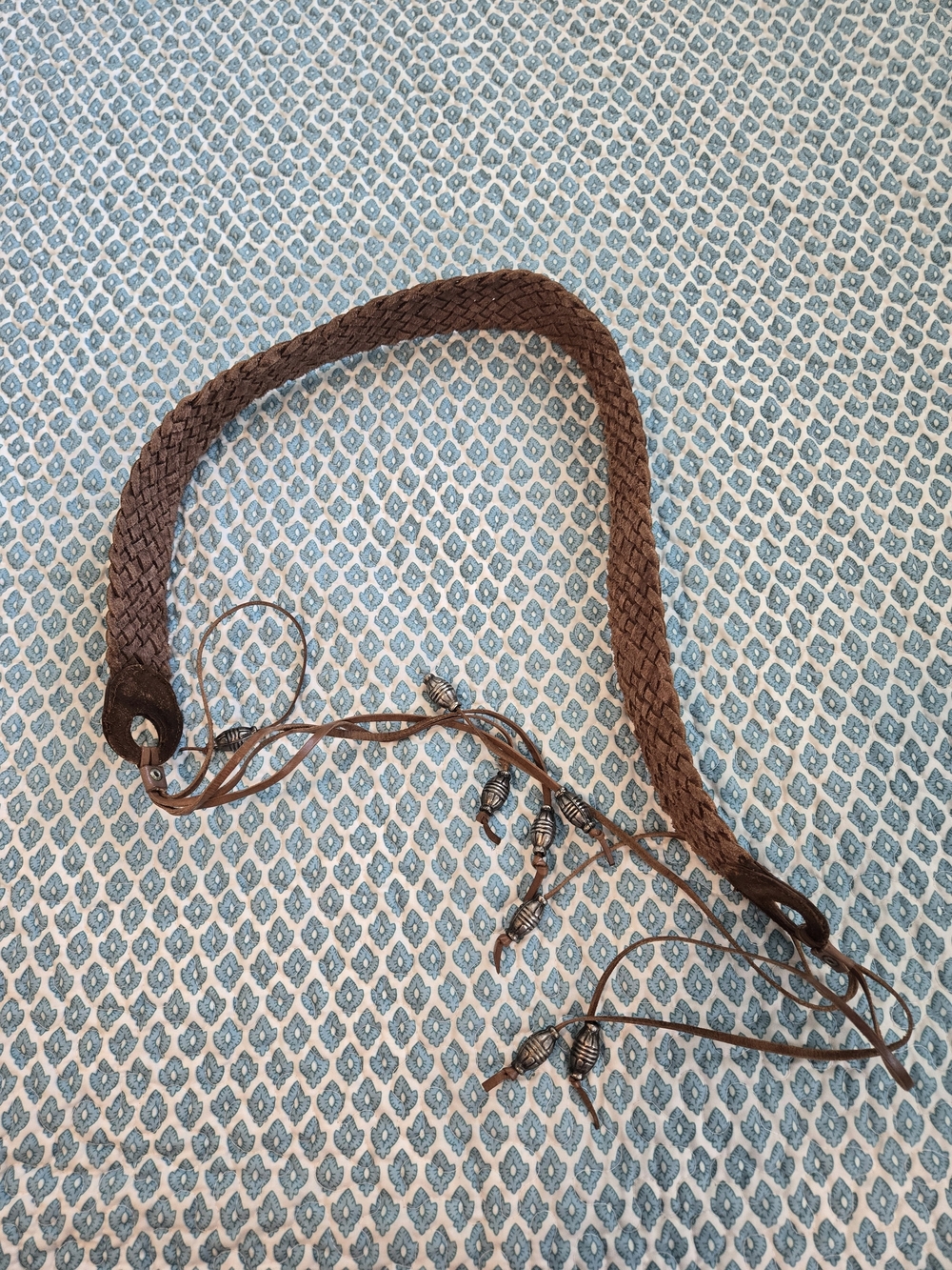 Braided Brown Leather Headband with Bead Accents. Fits 30 and larger waists